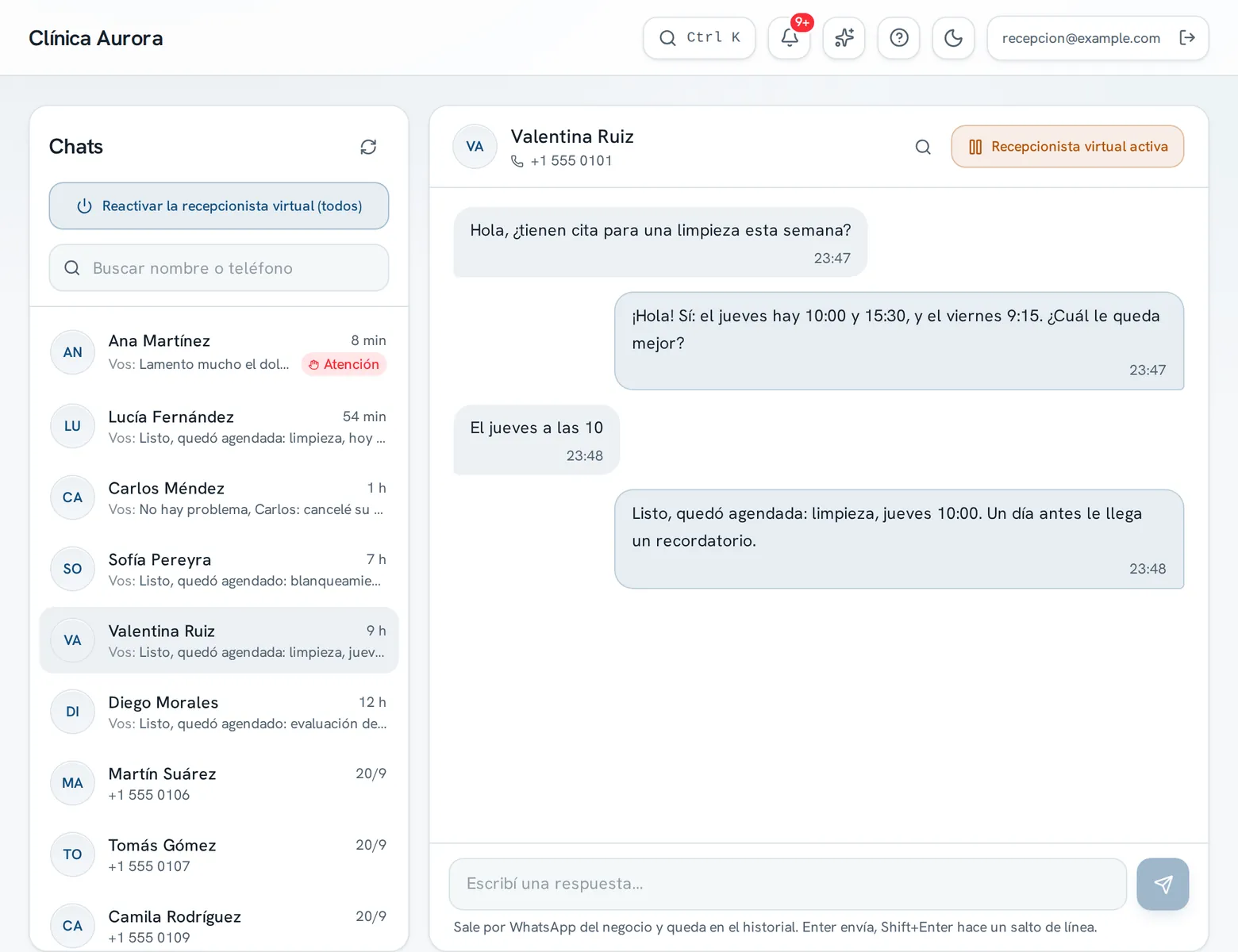 Los chats del panel: la conversación de la noche, contestada y con la cita agendada.